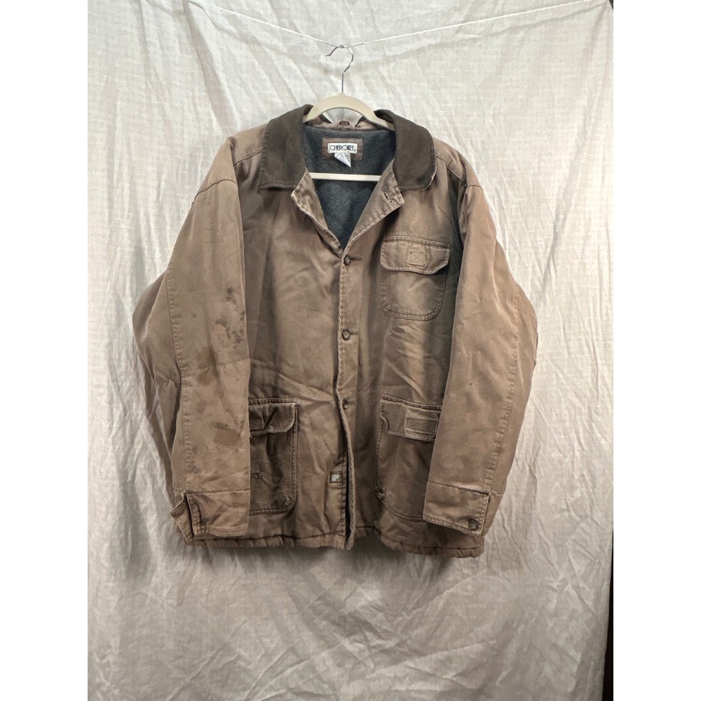 Cherokee Mens Vintage Canvas Barn Jacket Coat Tan Brown Size L Distressed #2112